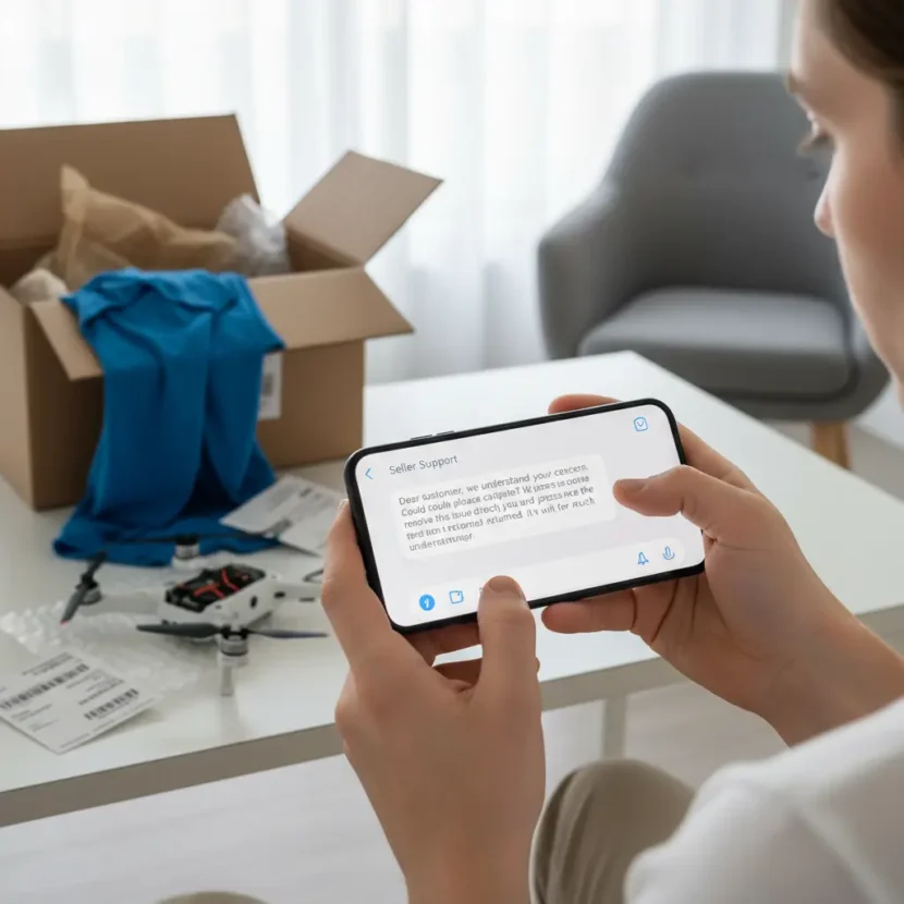 Prodavač traži kupca da otkaže spor tijekom online kupovine; prikazani simboli razgovora i digitalnih uređaja, naglašava komunikaciju i nesigurnost.