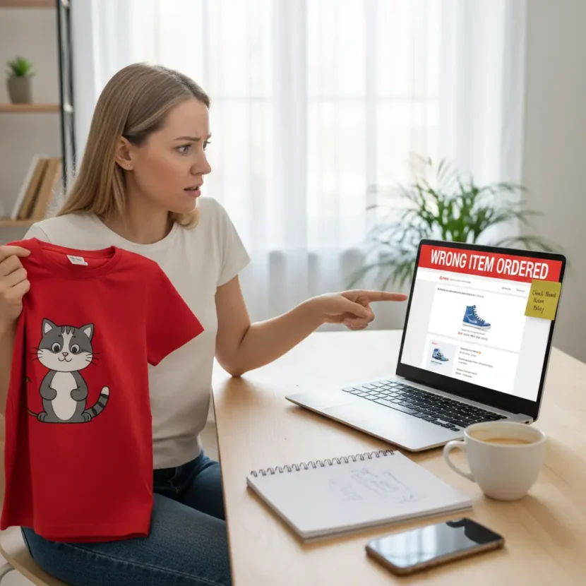 Kupac pregledava narudžbu na laptopu, zabrinuto traži rješenje za pogrešno naručen proizvod na AliExpressu, simbolizirajući online kupovinu.