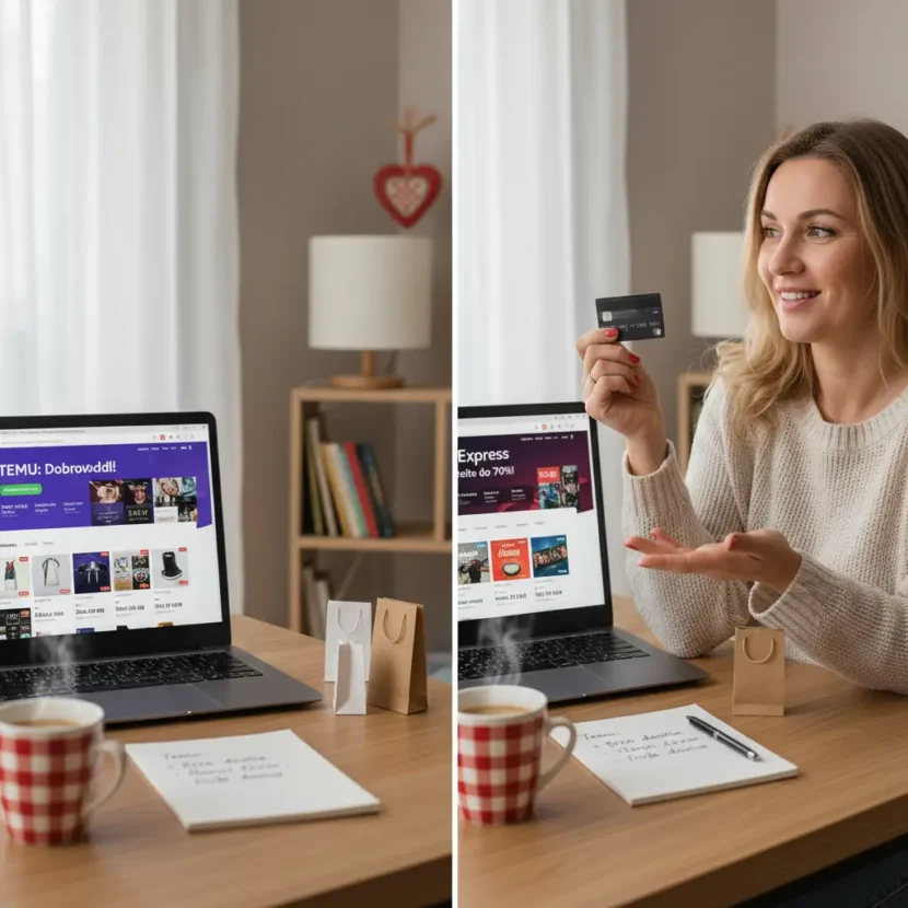 Usporedba online kupovine na Temu i AliExpressu za kupce u Hrvatskoj, prikaz korisnika, mobilnih uređaja i košarica s proizvodima.