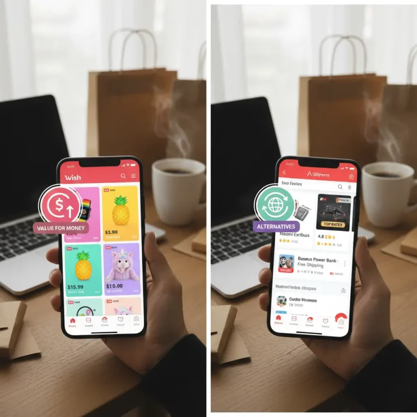 Wish i AliExpress aplikacije prikazane na pametnom telefonu, usporedba cijena i recenzija za online kupovinu, pitanje bolje vrijednosti.