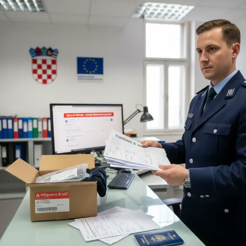 Pošiljka s AliExpressa zaustavljena na carini u Hrvatskoj zbog provjere dokumentacije, carinskih pristojbi ili nedostatka potrebnih informacija o proizvodu.