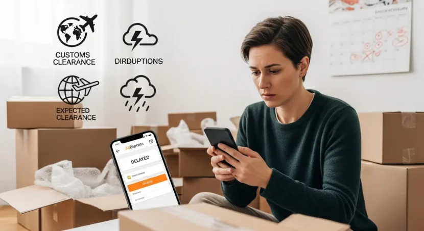 Online shopping packages with clocks, question marks, Croatian flag, and AliExpress logo, illustrating delayed deliveries and common shipping issues in Croatia.