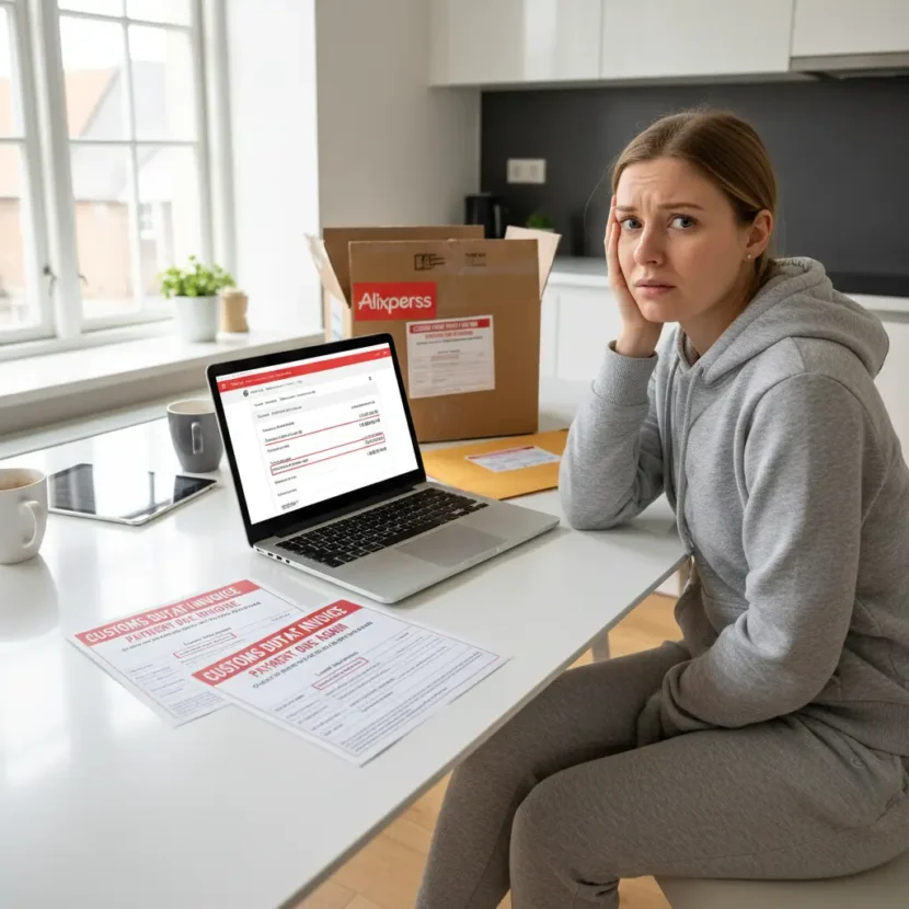 Dvostruka naplata carine prilikom online kupovine na AliExpressu, prikaz korisnika zbunjenog oko carinskih troškova i narudžbe putem interneta.